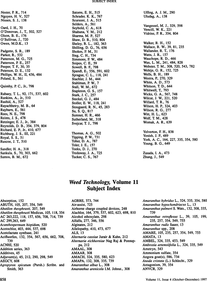 Weed Technology Volume 11 Subject Index Weed Technology Cambridge Core