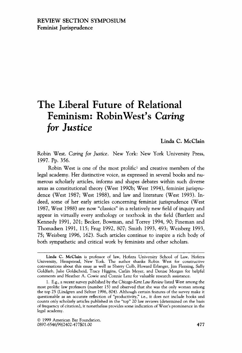 China Mcclain Porn Lesbian - The Liberal Future of Relational Feminism: Robin West's Caring for Justice  | Law & Social Inquiry | Cambridge Core