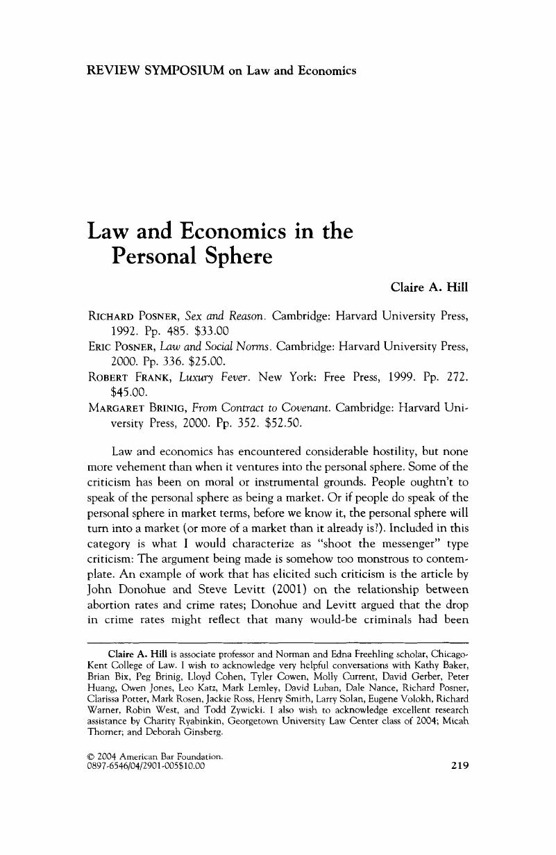 Law And Economics In The Personal Sphere Law Social Inquiry Cambridge Core
