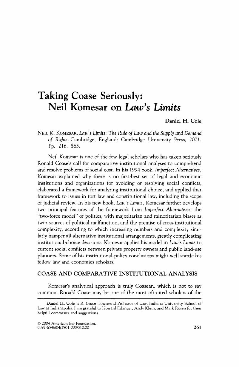 Taking Coase Seriously: Neil Komesar on Limits | Law & Social Inquiry | Cambridge