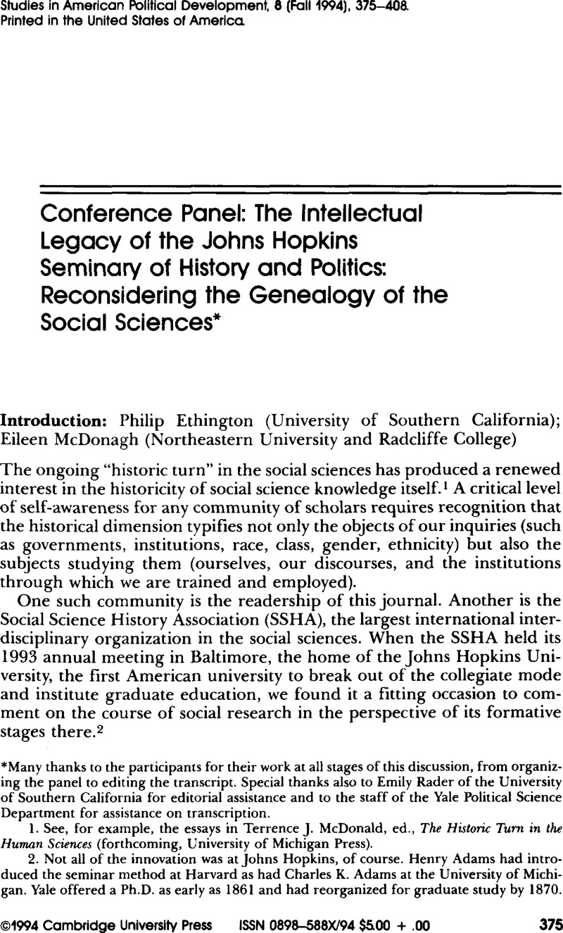 Conference Panel The Intellectual Legacy Of The Johns Hopkins Seminary Of History And Politics Reconsidering The Genealogy Of The Social Sciences Studies In American Political Development Cambridge Core