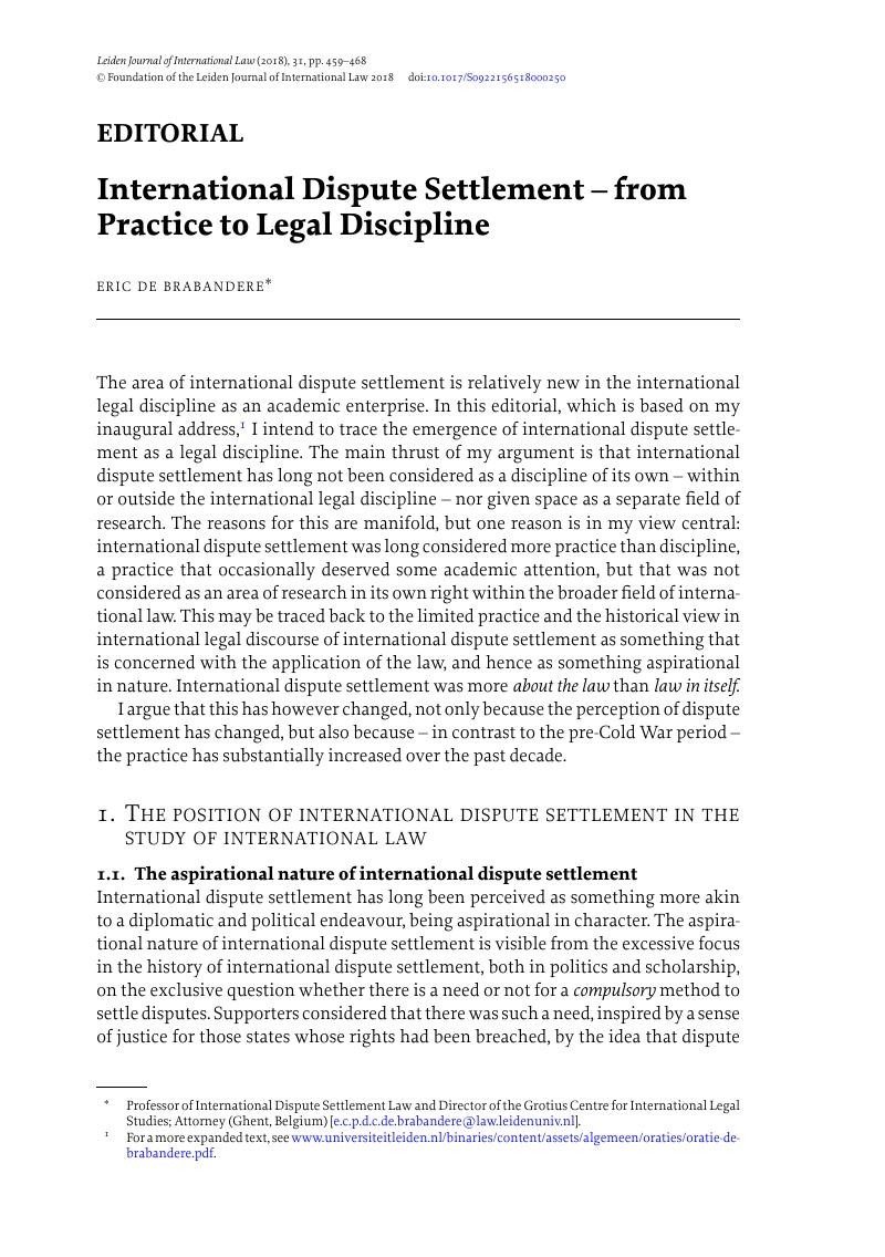 International Dispute Settlement From Practice To Legal Discipline Leiden Journal Of International Law Cambridge Core