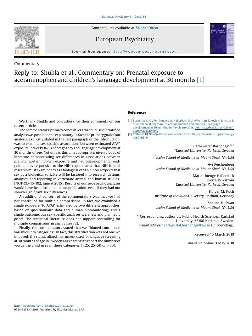 Reply To Shukla Et Al Commentary On Prenatal Exposure To Acetaminophen And Children S Language Development At 30 Months 1 European Psychiatry Cambridge Core