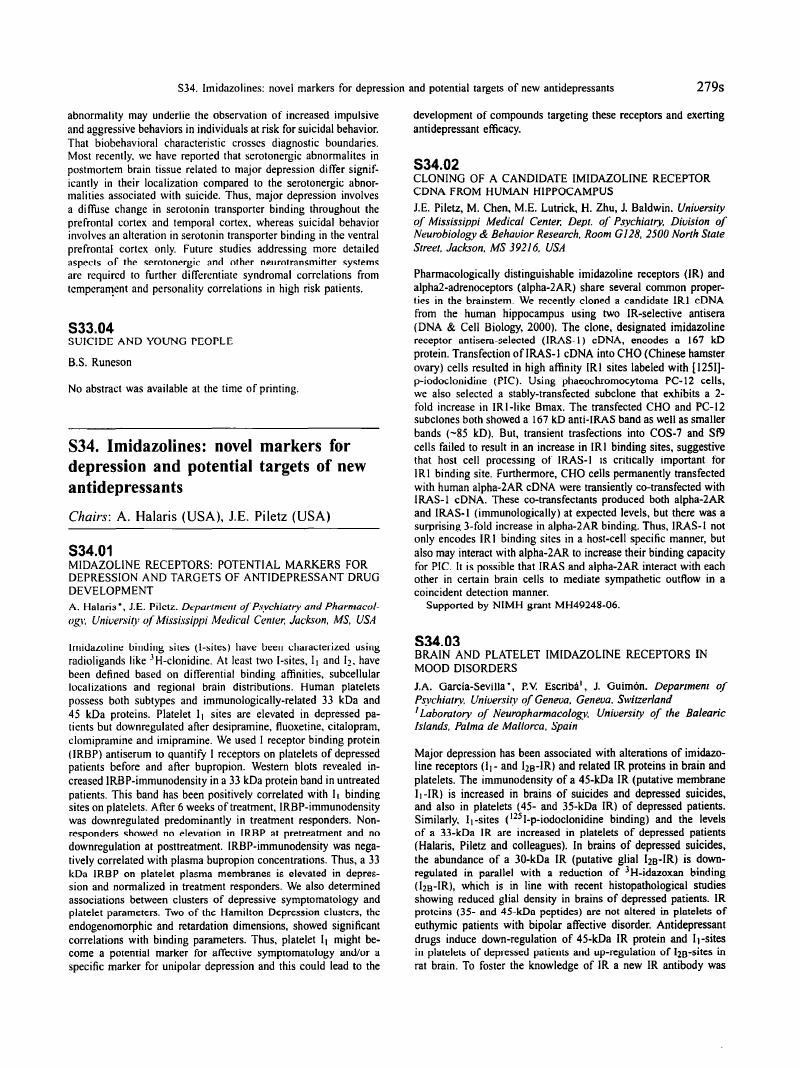 S34 03 Brain And Platelet Imidazoline Receptors In Mood Disorders European Psychiatry Cambridge Core