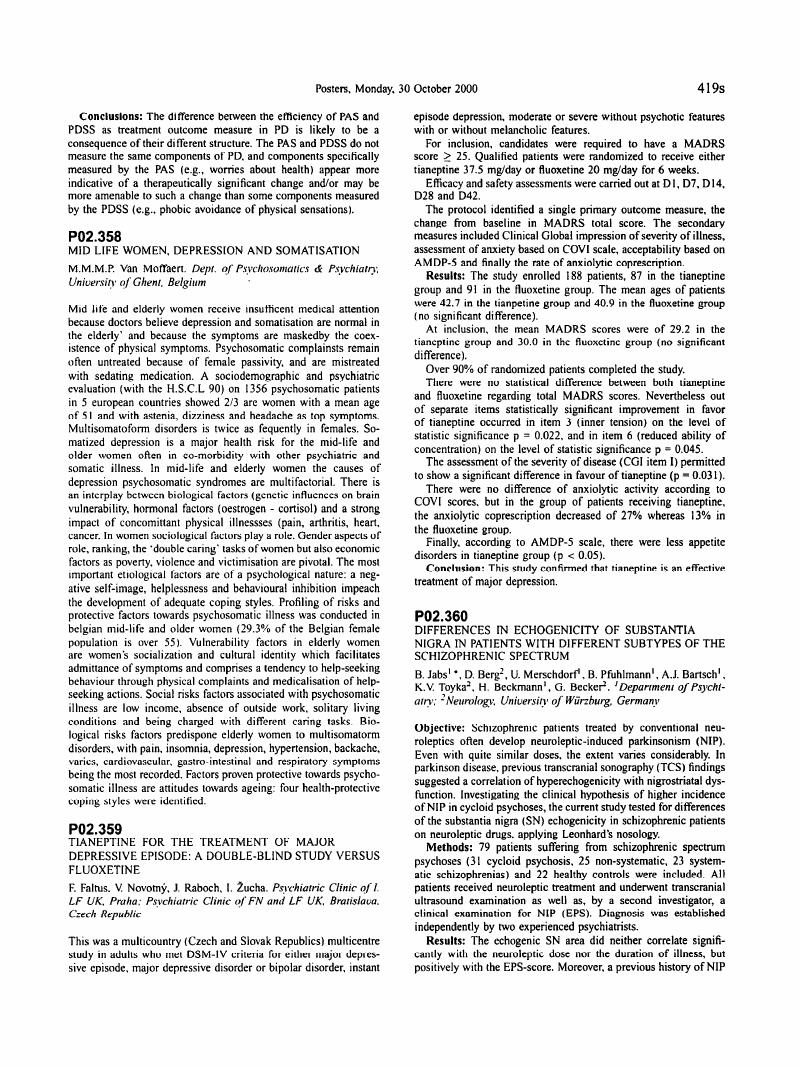 P02 359 Tianeptine For The Treatment Of Major Depressive Episode A Double Blind Study Versus Fluoxetine European Psychiatry Cambridge Core