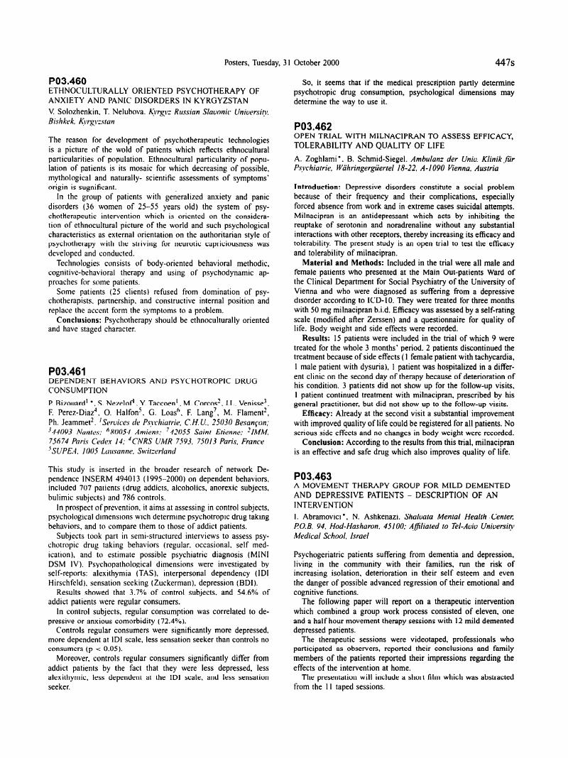 P03 462 Open Trial With Milnacipran To Assess Efficacy Tolerability And Quality Of Life European Psychiatry Cambridge Core