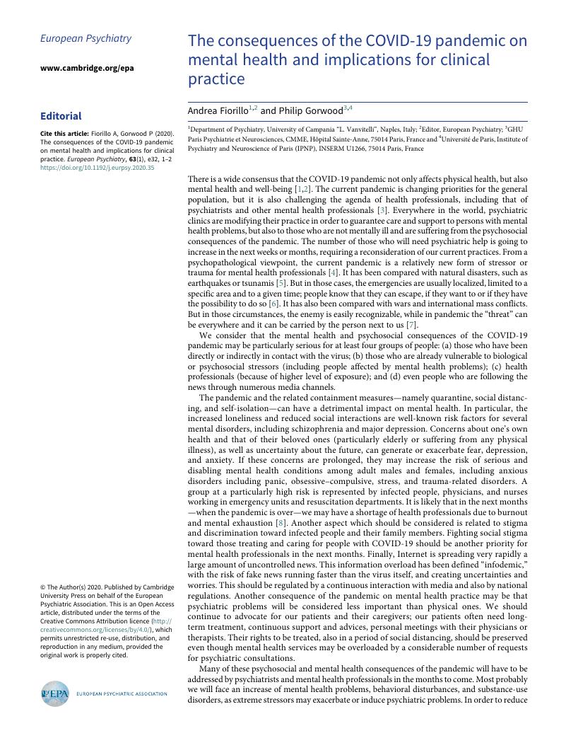 The Consequences Of The Covid 19 Pandemic On Mental Health And Implications For Clinical Practice European Psychiatry Cambridge Core