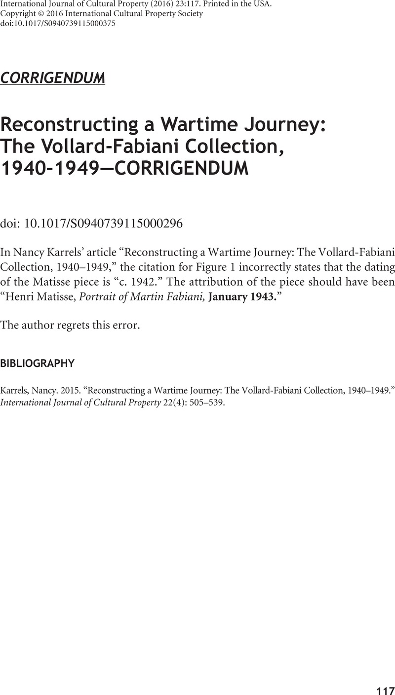 Reconstructing A Wartime Journey The Vollard Fabiani Collection 1940 1949 Corrigendum International Journal Of Cultural Property Cambridge Core