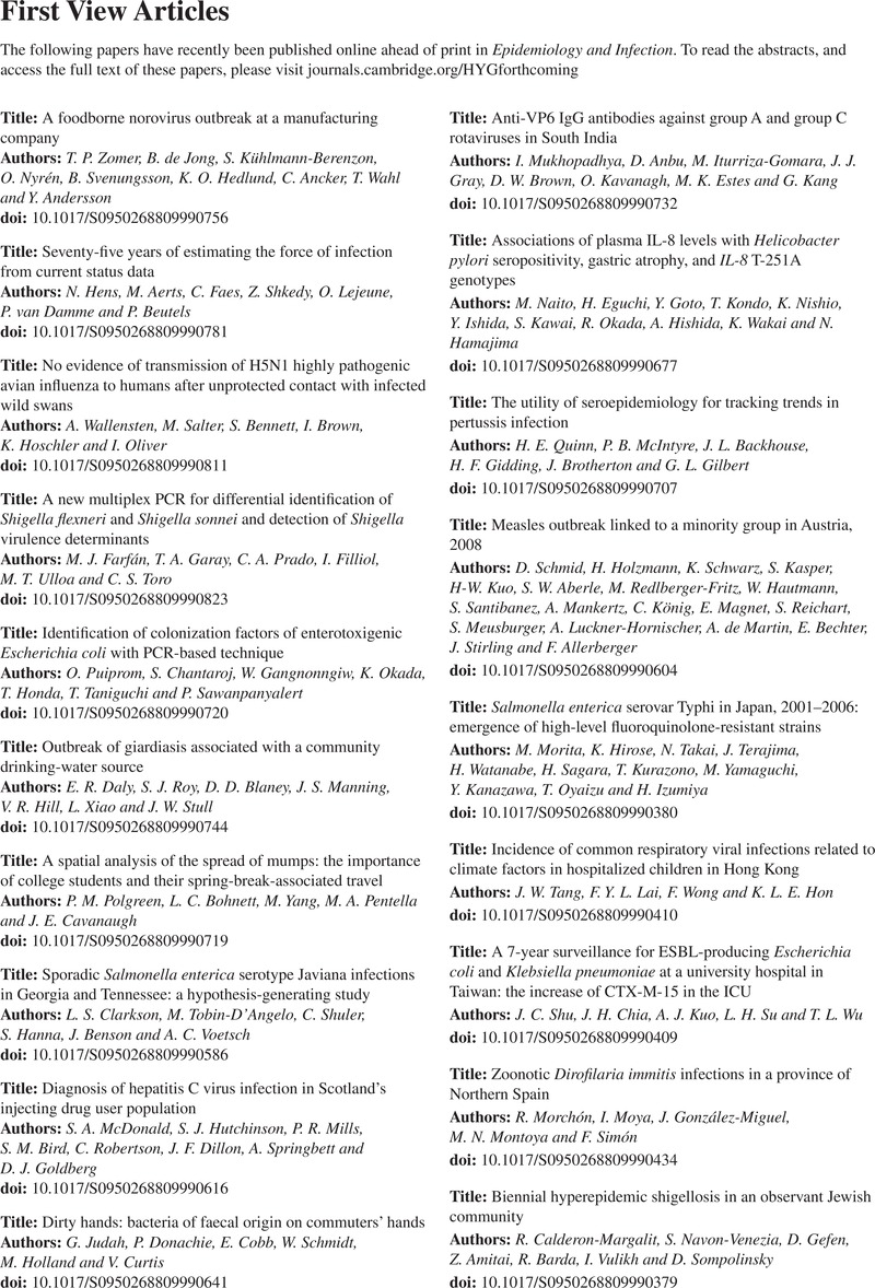 Hyg Volume 137 Issue 12 Cover And Back Matter Epidemiology Infection Cambridge Core