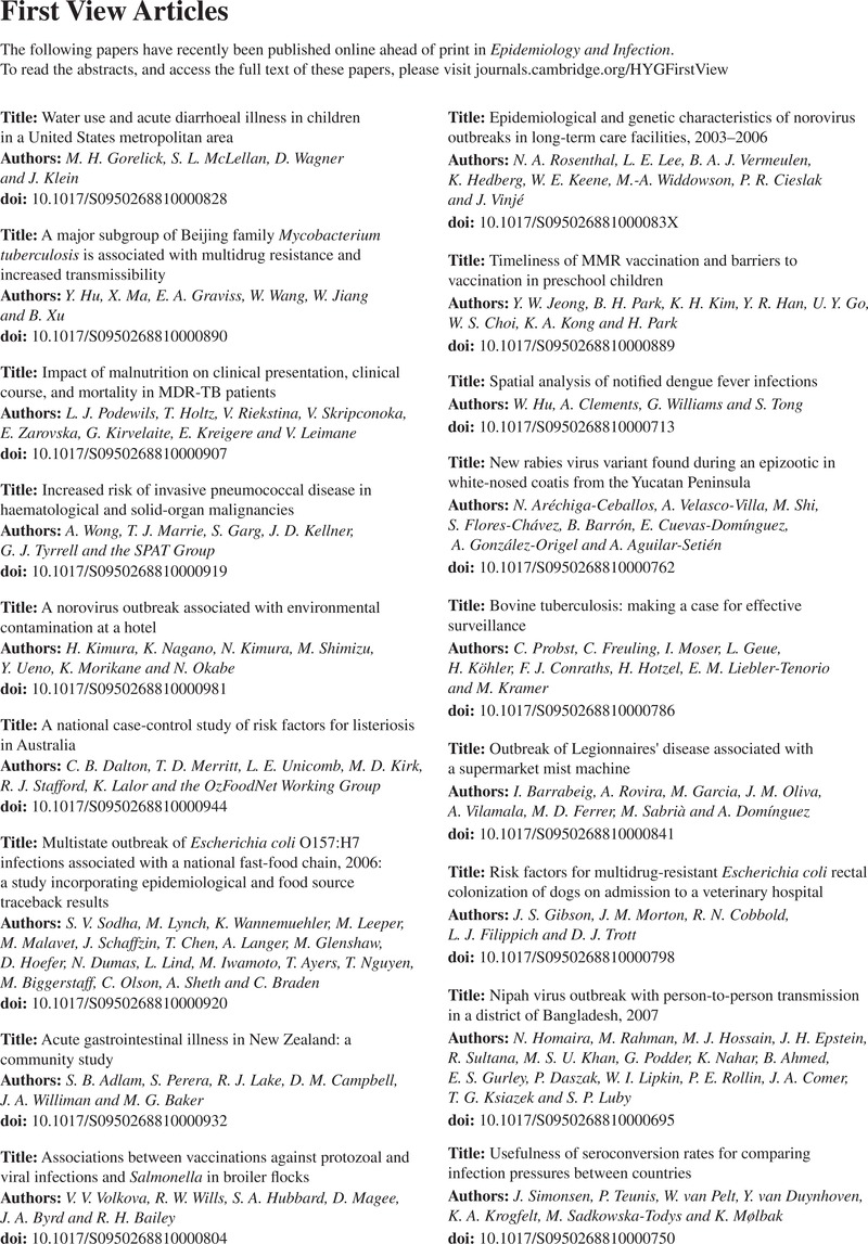 Hyg Volume 138 Issue 7 Cover And Back Matter Epidemiology Infection Cambridge Core