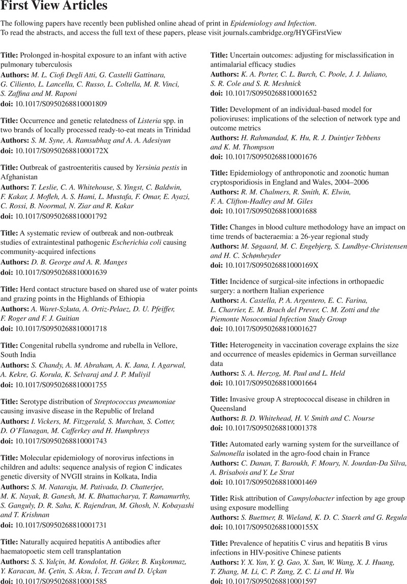 Hyg Volume 138 Issue 10 Cover And Back Matter Epidemiology Infection Cambridge Core