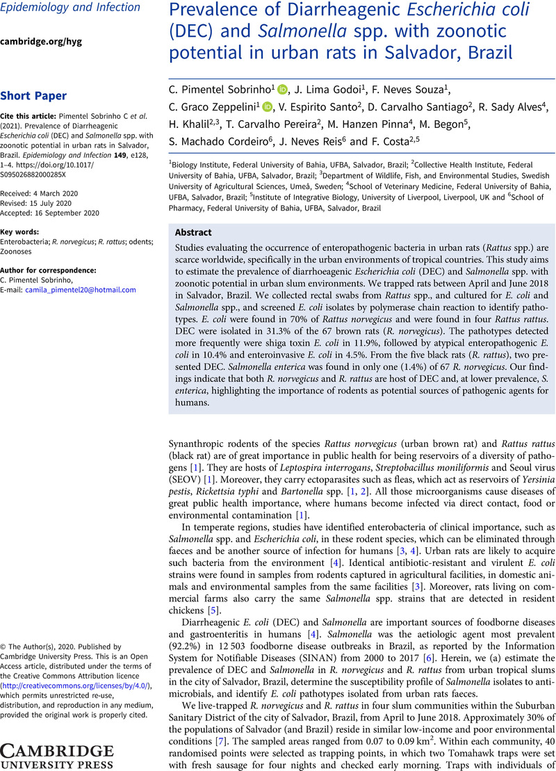 Prevalence Of Diarrheagenic Escherichia Coli Dec And Salmonella Spp With Zoonotic Potential In Urban Rats In Salvador Brazil Epidemiology Infection Cambridge Core