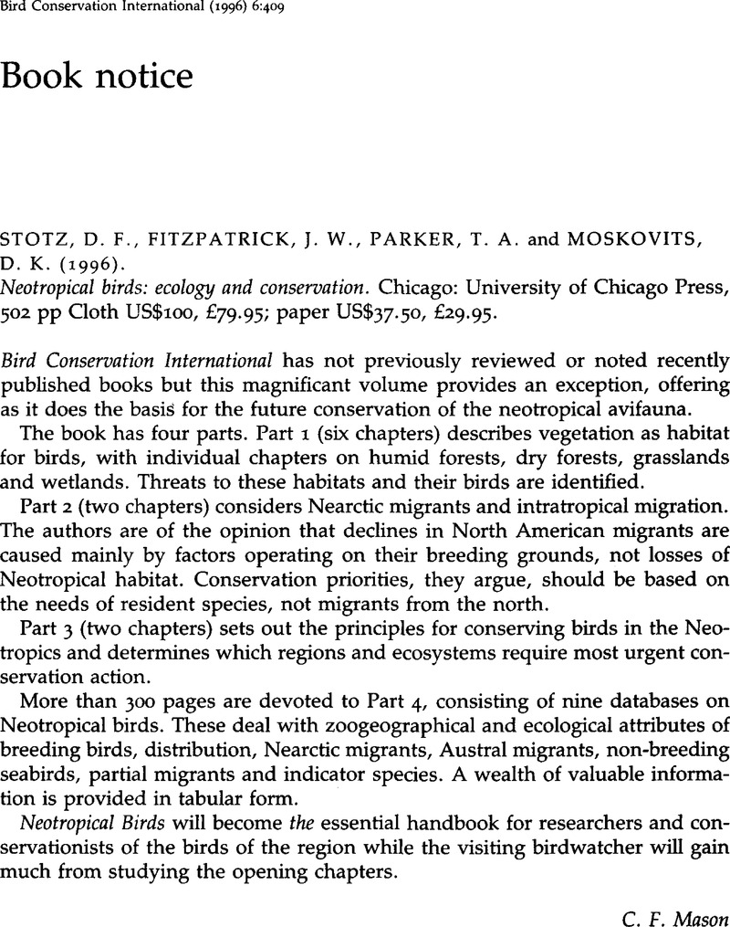 D F Stotz J W Fitzpatrick T A Parker And D K Moskovits 1996 Neotropical Birds Ecology And Conservation Chicago University Of Chicago Press 502 Pp Cloth Us 100 79 95 Paper Us 37 50 29 95 Bird Conservation International
