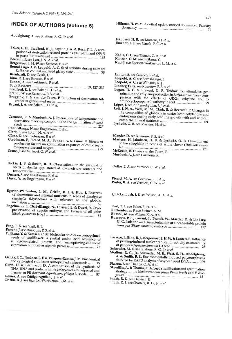 Index Of Authors Volume 5 Seed Science Research Cambridge Core