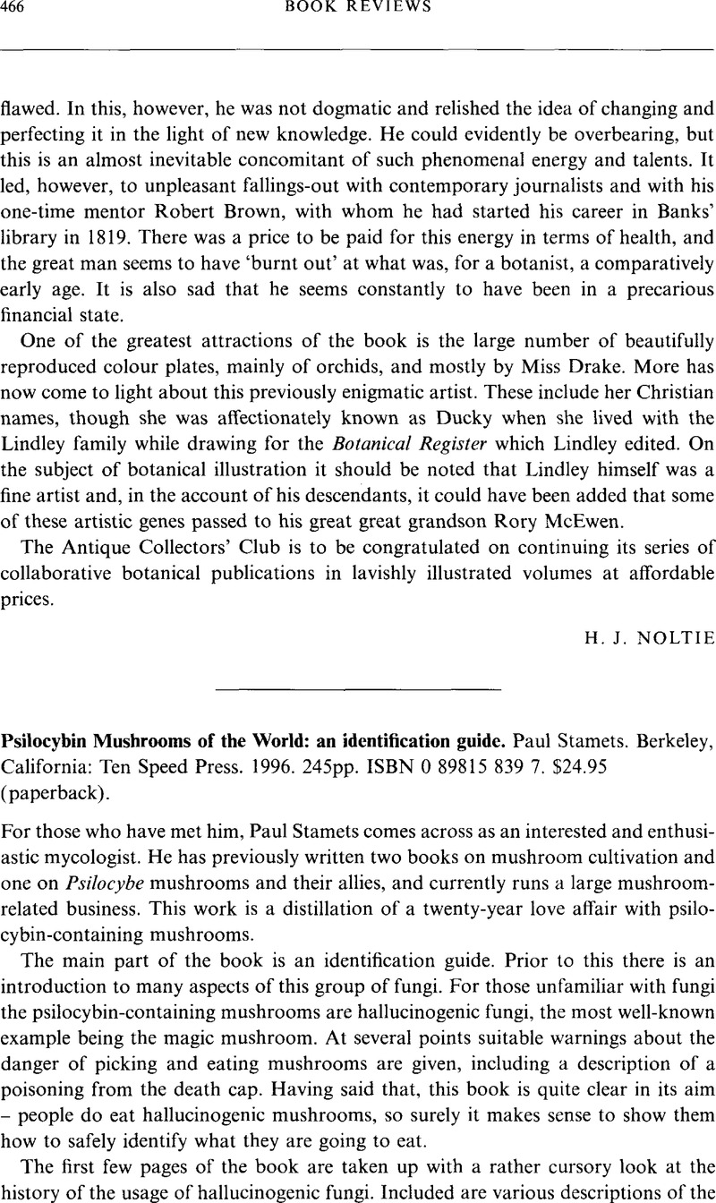 Psilocybin Mushrooms of the World: an identification guide. Paul Stamets. Berkeley, California: Ten Speed Press. 1996. 245pp. ISBN 0 89815 839 7. $24.95 (paperback). - Edinburgh Journal of Botany - Cambridge Core