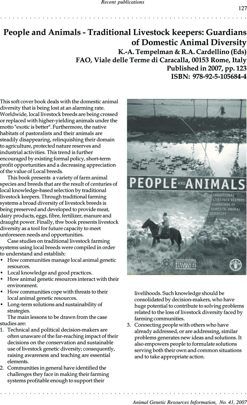 People and Animals - Traditional Livestock keepers: Guardians of Domestic  Animal . Tempelman & . Cardellino (Eds) FAO, Viale delle  Terme di Caracalla, 00153 Rome, Italy Published in 2007, pp. 123 ISBN:
