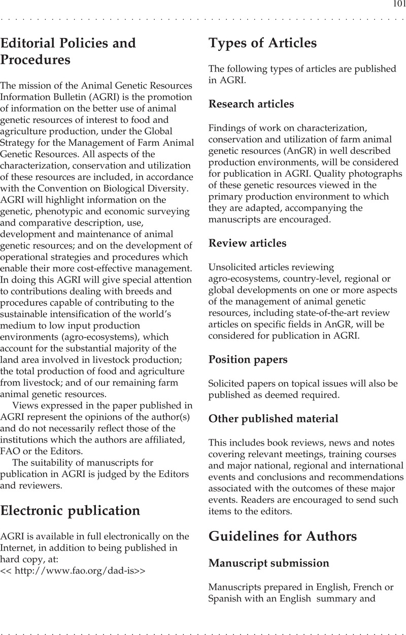 Editorial Policies and Procedures | Animal Genetic Resources/Resources  génétiques animales/Recursos genéticos animales | Cambridge Core
