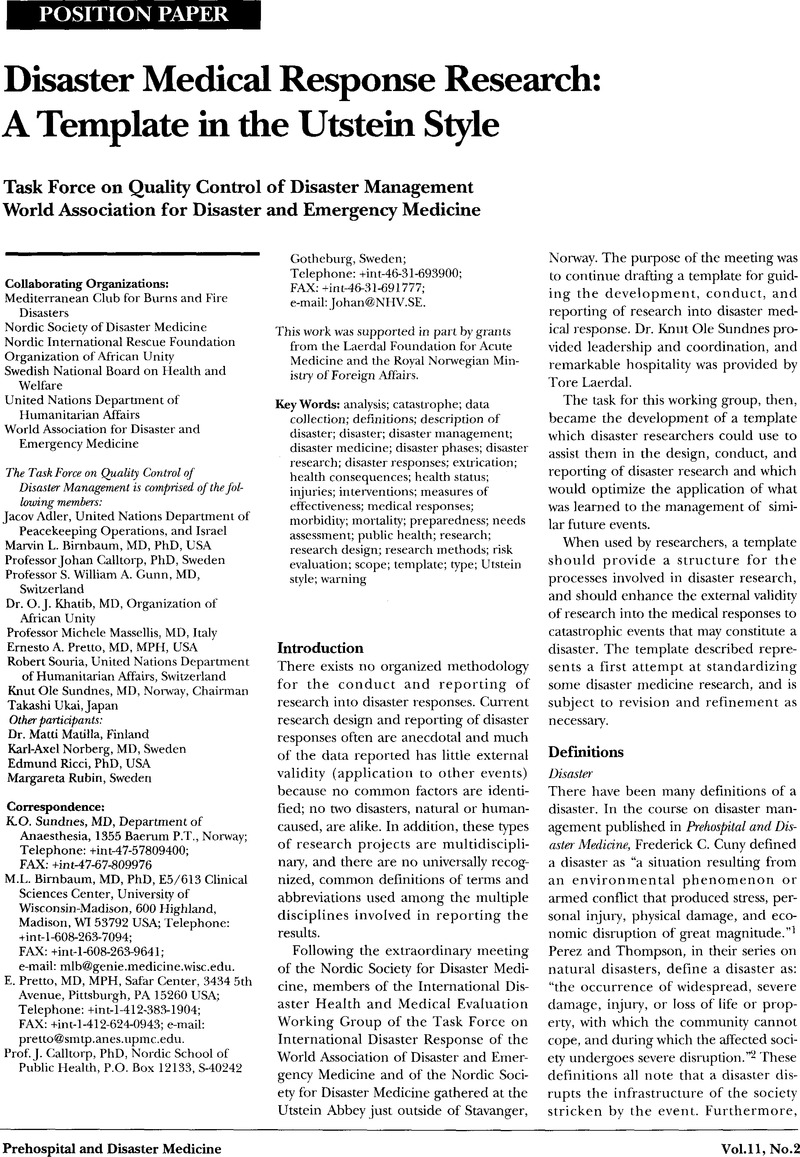 Disaster Medical Response Research A Template In The Utstein Style Prehospital And Disaster Medicine Cambridge Core