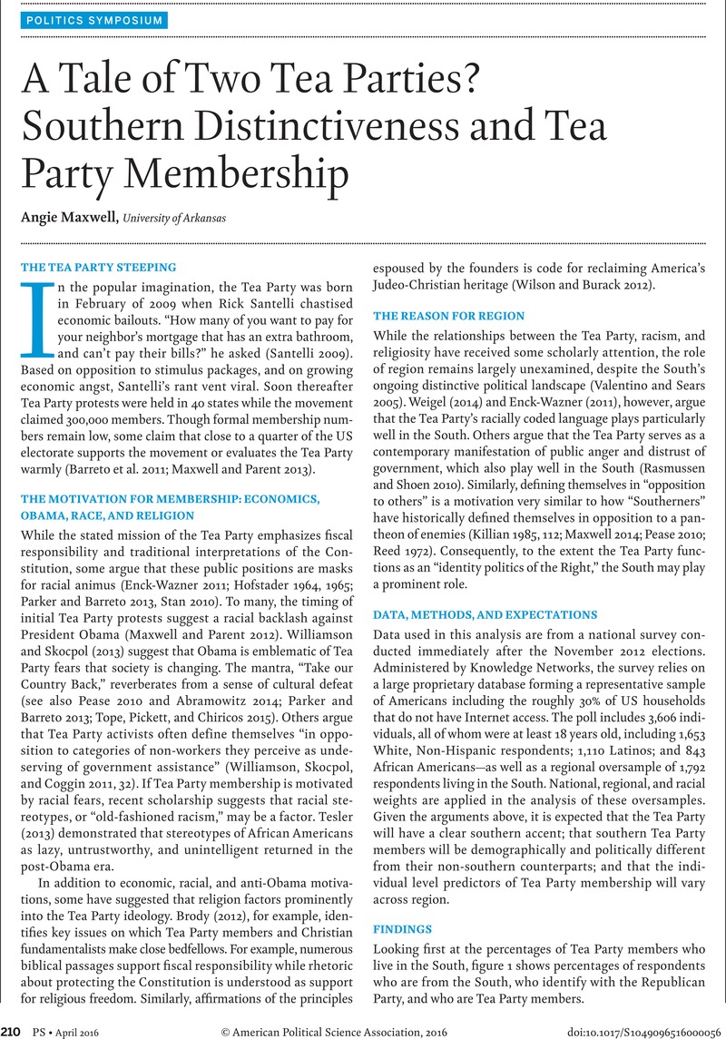 A Tale Of Two Tea Parties Southern Distinctiveness And Tea Party Membership Ps Political Science Politics Cambridge Core