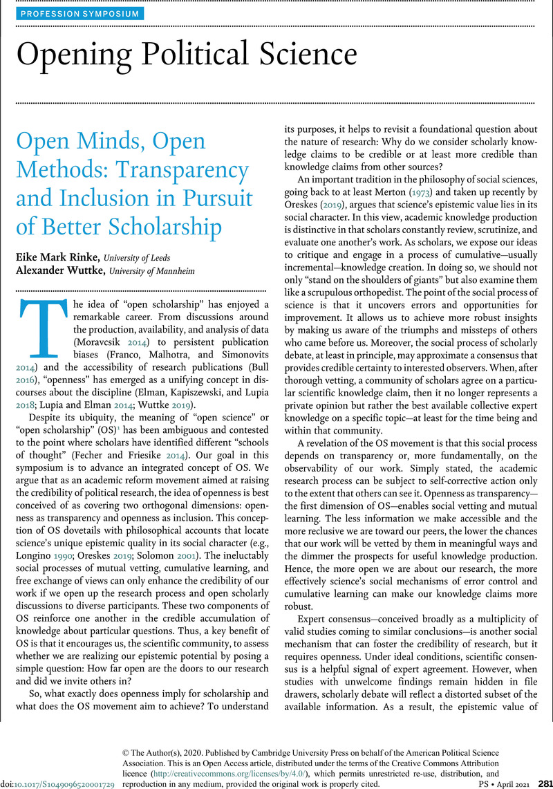 Open Minds Open Methods Transparency And Inclusion In Pursuit Of Better Scholarship Ps Political Science Politics Cambridge Core