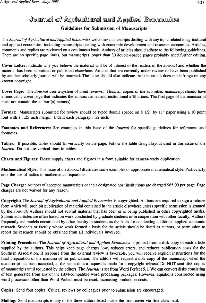 Guidelines For Submission Of Manuscripts Journal Of Agricultural And Applied Economics Cambridge Core