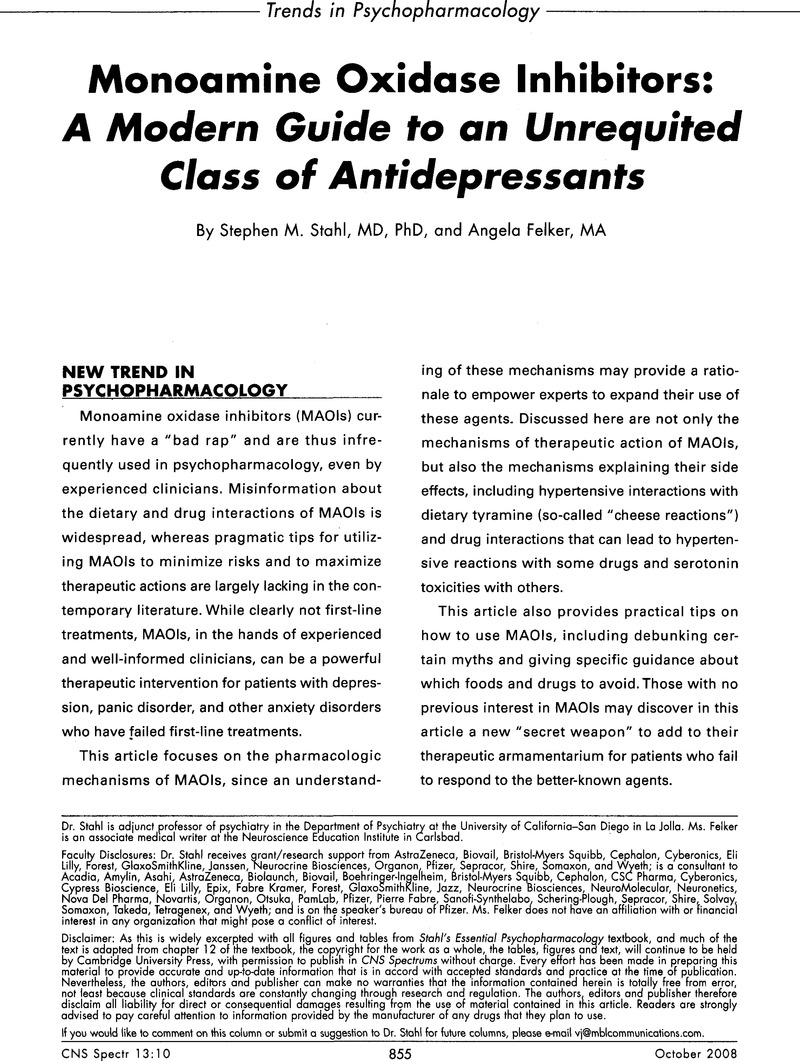 Monoamine Oxidase Inhibitors A Modern Guide To An Unrequited Class Of Antidepressants Cns Spectrums Cambridge Core