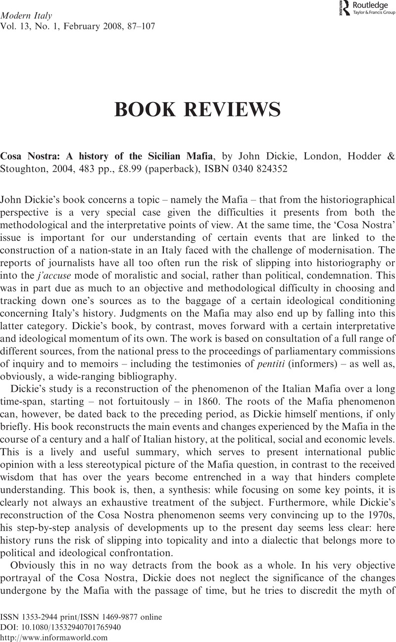 Cosa Nostra: A history of the Sicilian Mafia, John Dickie, Hodder & Stoughton, 483 pp., £8.99 (paperback), ISBN 0340 | Modern Italy | Cambridge Core