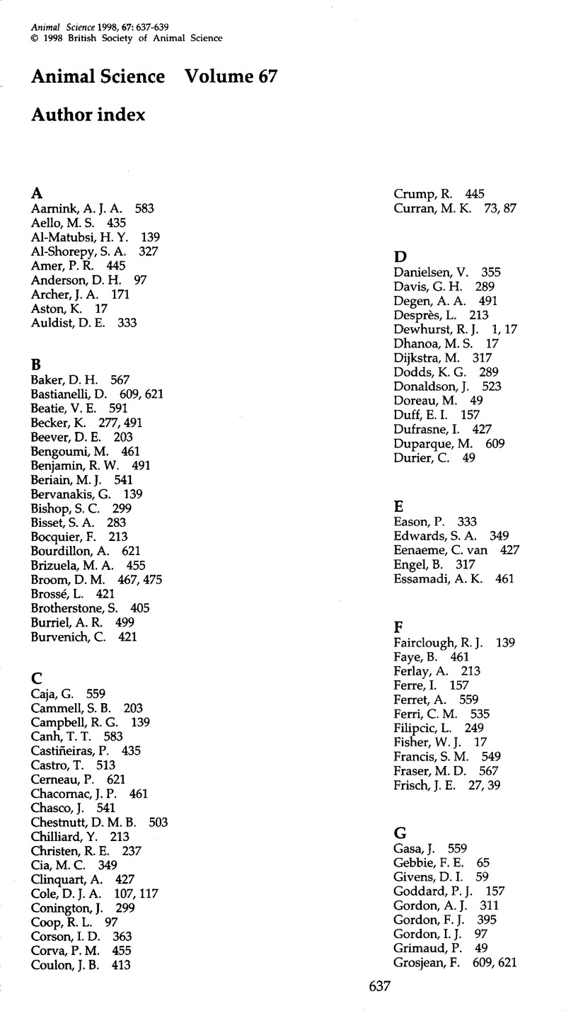 Animal Science Volume 67 Author Index Animal Science Cambridge Core