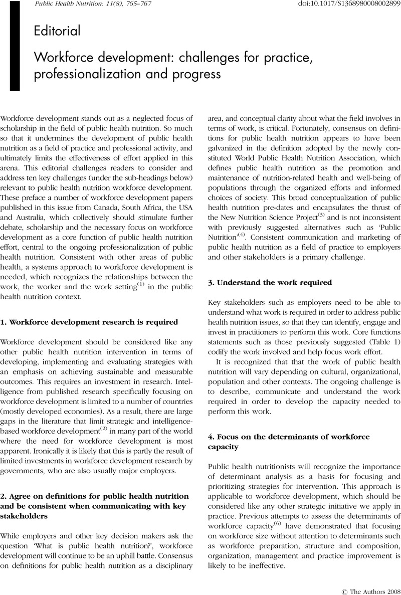 Workforce Development Challenges For Practice Professionalization And Progress Public Health Nutrition Cambridge Core