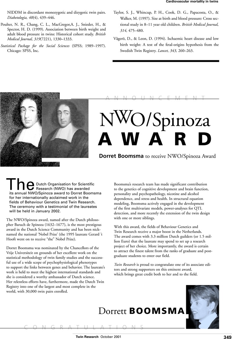 Announcement Of Nwo Spinoza Award Twin Research And Human Genetics Cambridge Core
