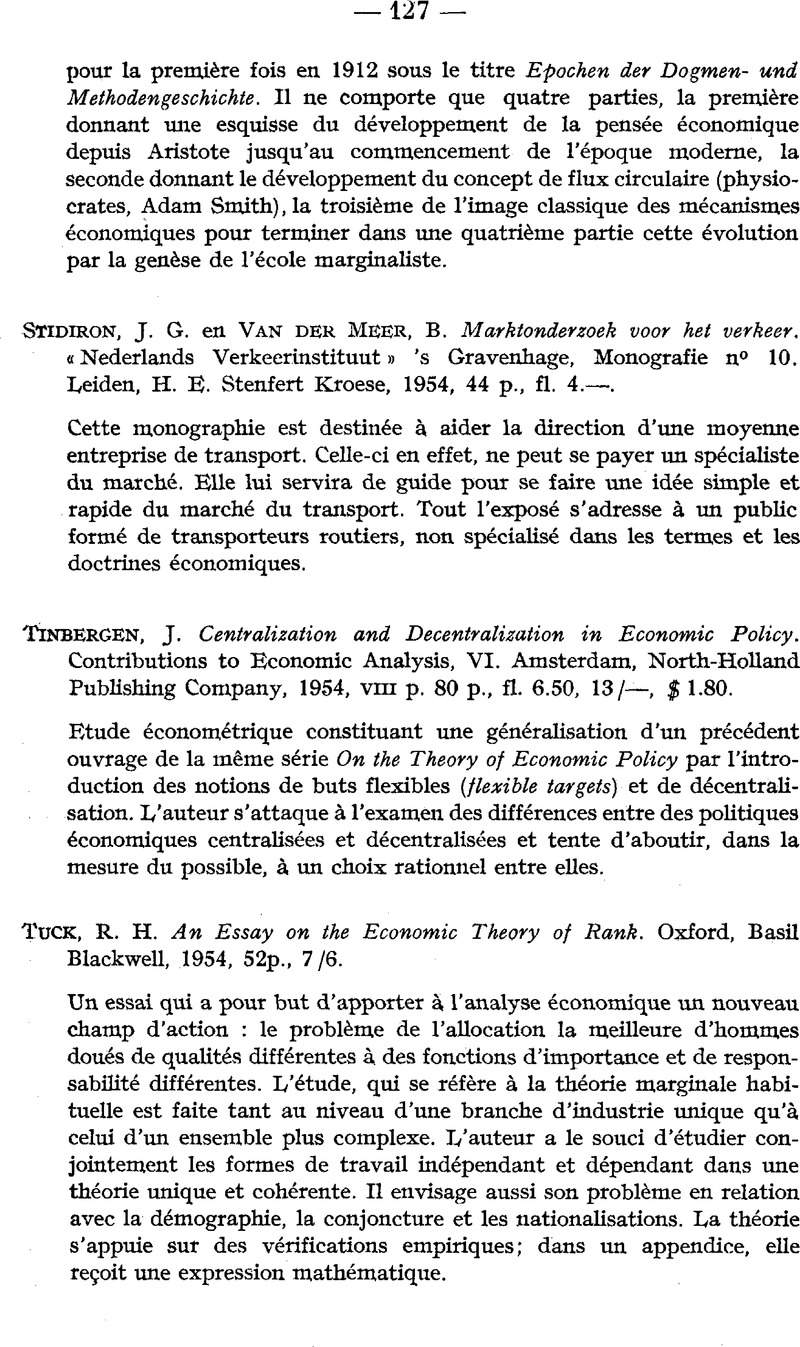 R H Tuck An Essay On The Economic Theory Of Rank Oxford Basil Blackwell 1954 52p 7 6 Recherches Economiques De Louvain Louvain Economic Review Cambridge Core