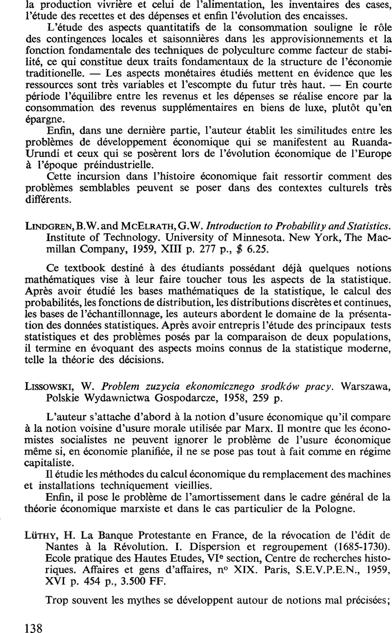 B W Lindgren And G W Mcelrath Introduction To Probability And Statistics Institute Of Technology University Of Minnesota New York The Macmillan Company 1959 Xiii P 277 P 6 25 Recherches Economiques De