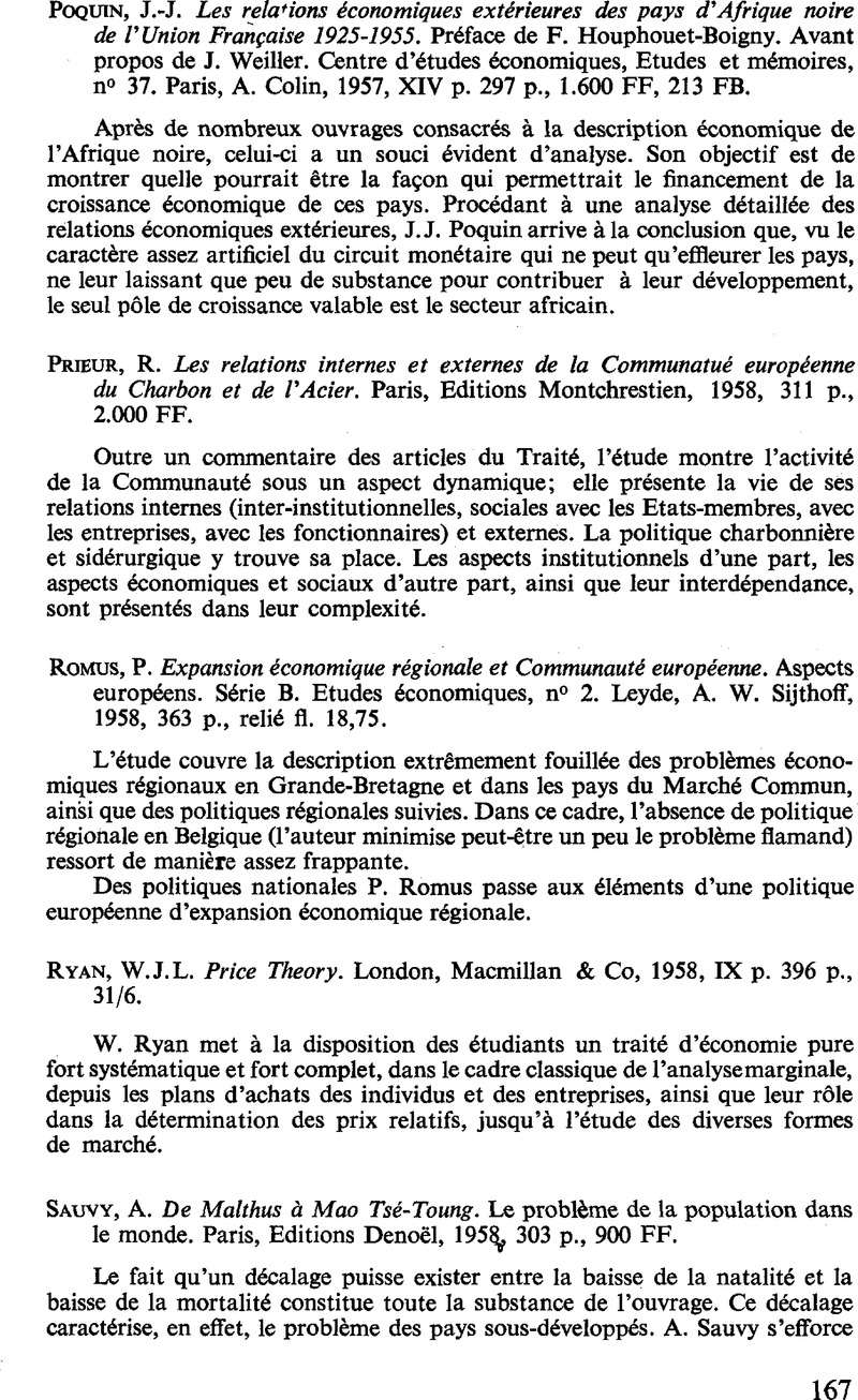 W J L Ryan Price Theory London Macmillan Co 1958 Ix P 396 P 31 6 Recherches Economiques De Louvain Louvain Economic Review Cambridge Core