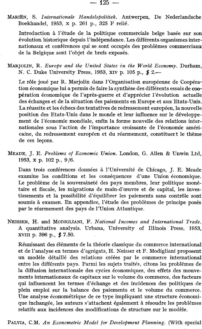 J E Meade Problems Of Economic Union London G Allen Unwin Ltd 1953 X P 102 P 9 6 Recherches Economiques De Louvain Louvain Economic Review Cambridge Core