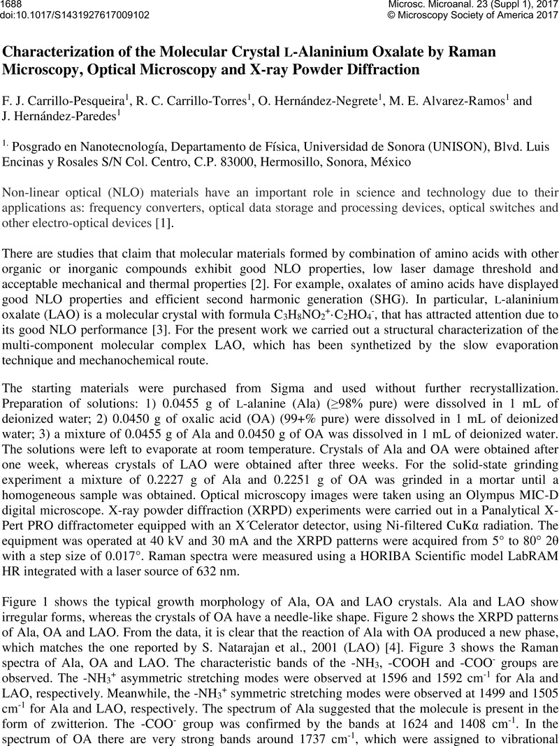 Characterization Of The Molecular Crystal L Alaninium Oxalate By Raman Microscopy Optical Microscopy And X Ray Powder Diffraction Microscopy And Microanalysis Cambridge Core