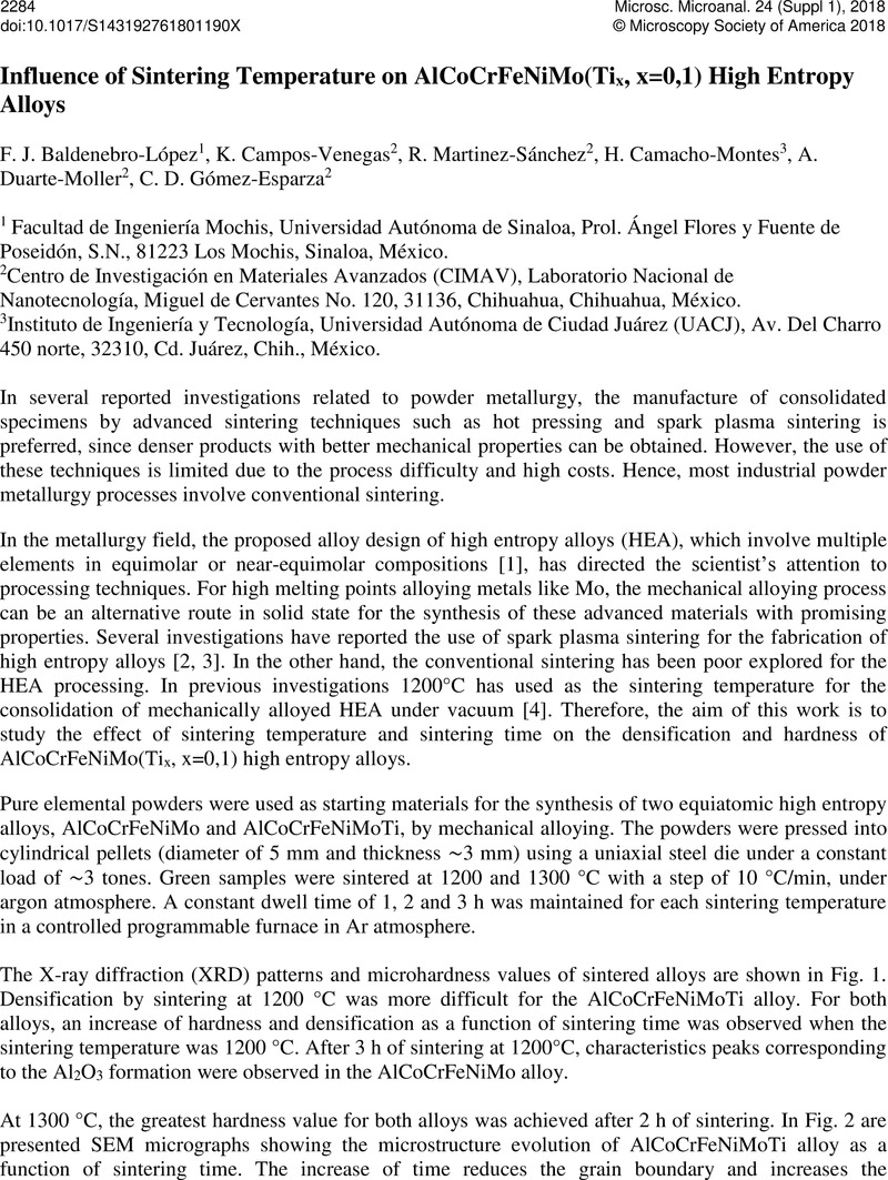 Influence Of Sintering Temperature On Alcocrfenimo Tix X 0 1 High Entropy Alloys Microscopy And Microanalysis Cambridge Core