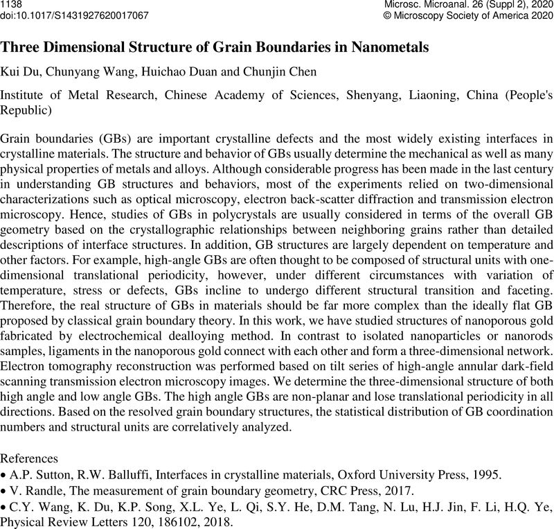 Three Dimensional Structure Of Grain Boundaries In Nanometals Microscopy And Microanalysis Cambridge Core