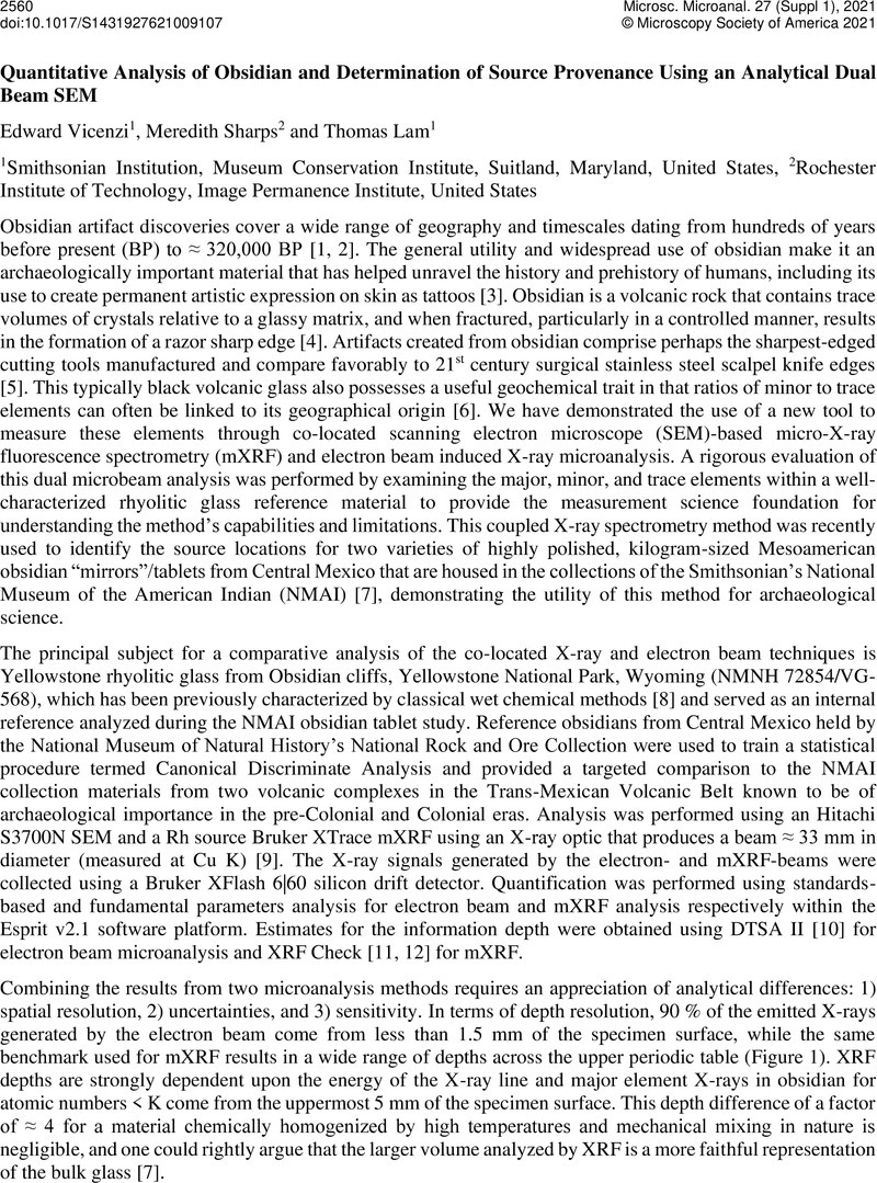 Quantitative Analysis of Obsidian and Determination of Source Provenance  Using an Analytical Dual Beam SEM, Microscopy and Microanalysis