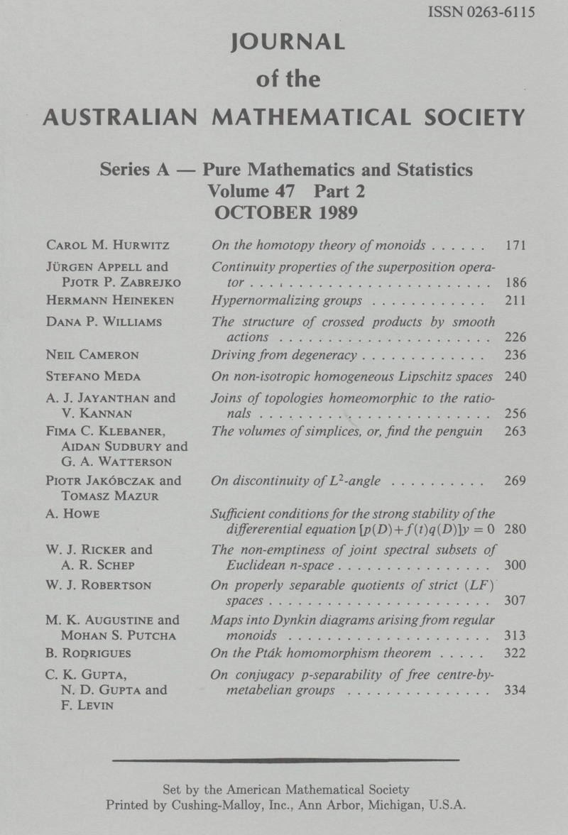 Jaz Volume 47 Issue 2 Cover And Front Matter Journal Of The Australian Mathematical Society Cambridge Core