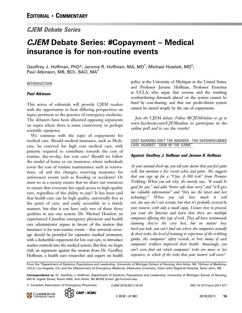 Cjem Debate Series Copayment Medical Insurance Is For