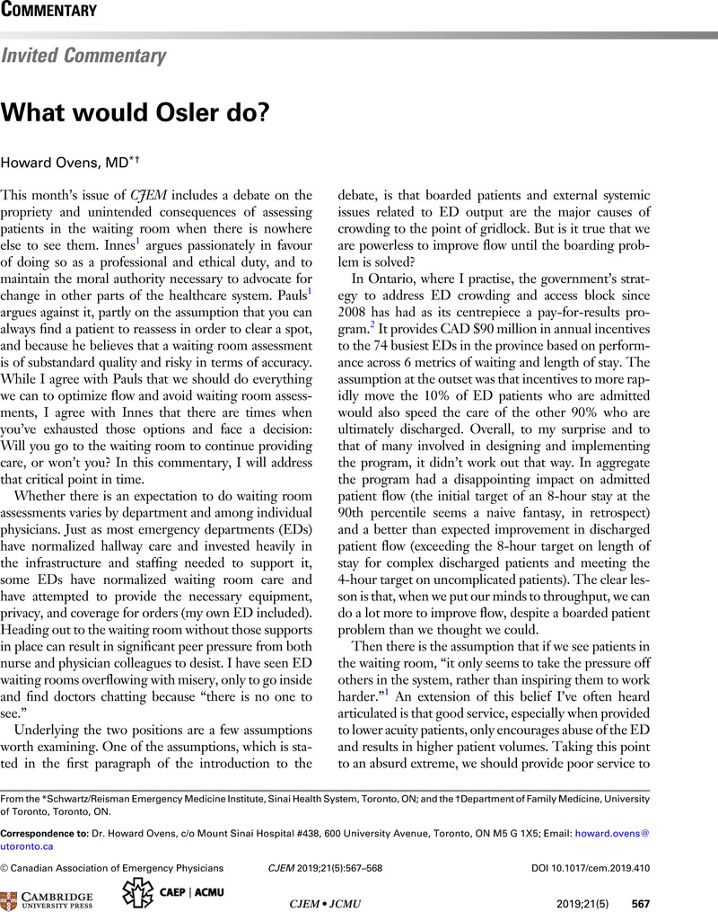 What Would Osler Do Canadian Journal Of Emergency