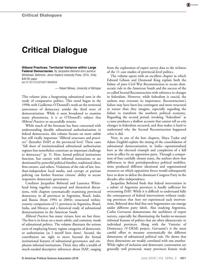 Response To Robert Mickey S Review Of Illiberal Practices Territorial Variance Within Large Federal Democracies Perspectives On Politics Cambridge Core