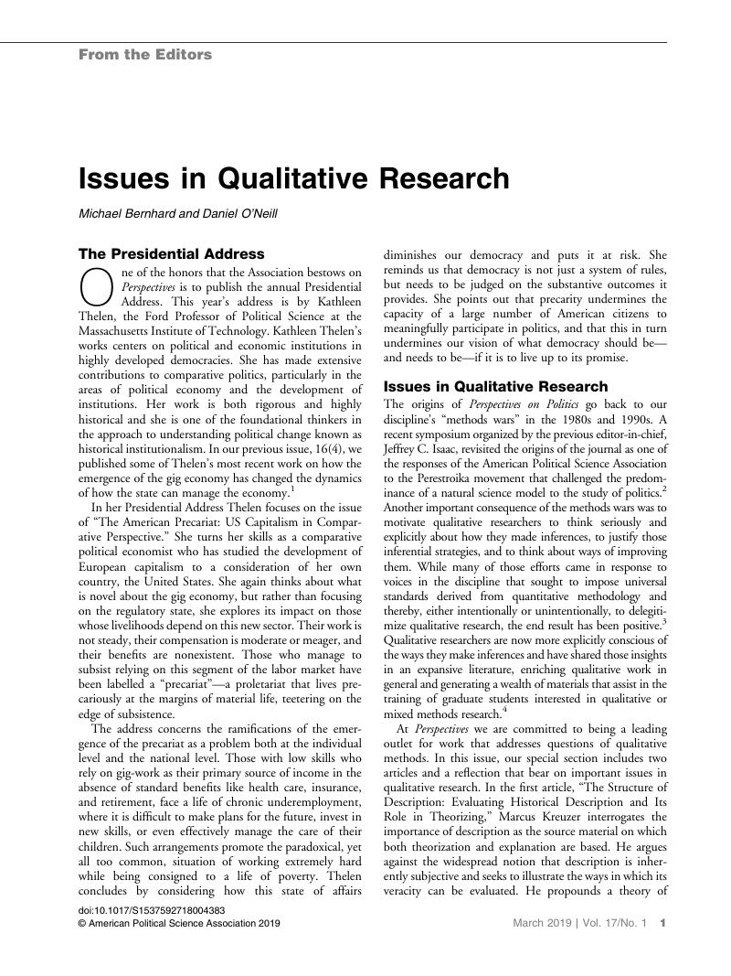 Issues In Qualitative Research Perspectives On Politics Cambridge Core