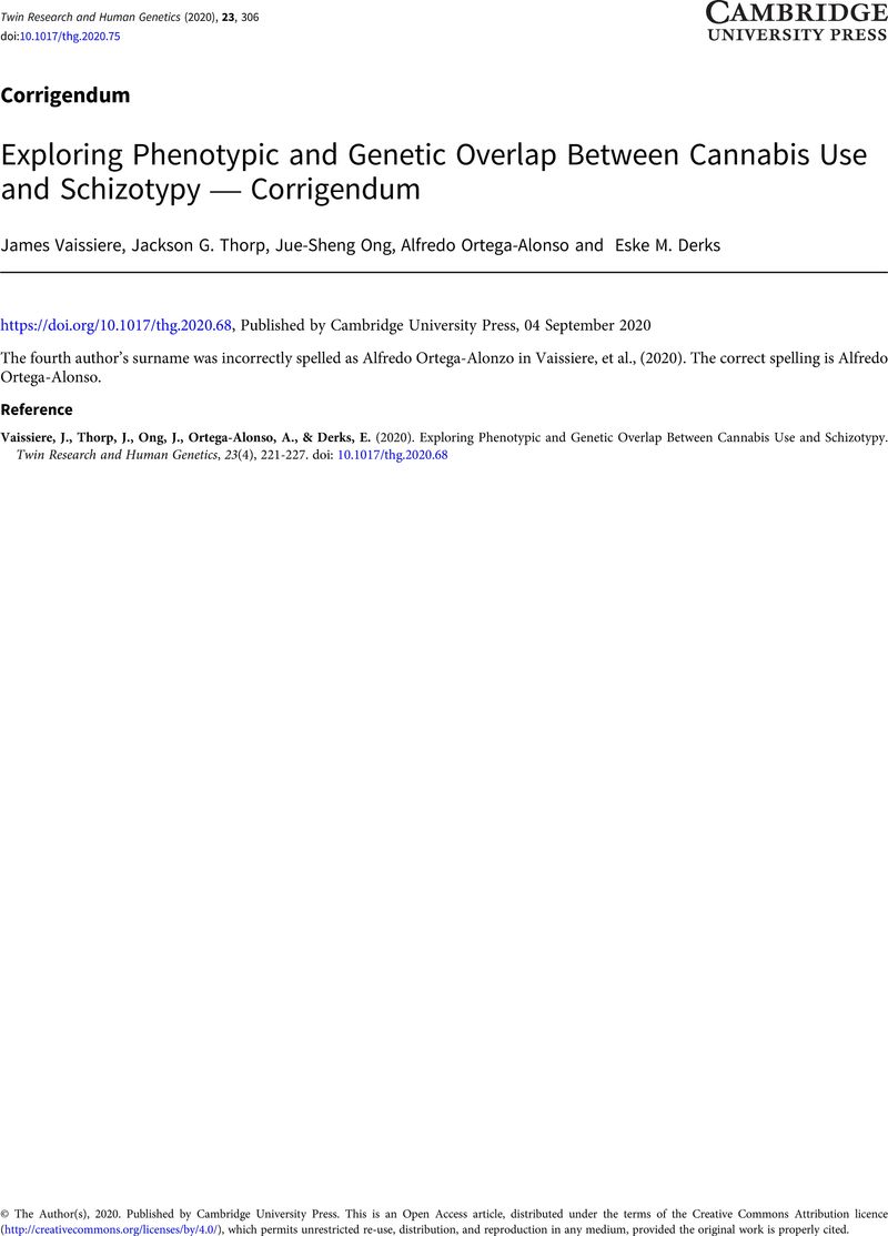 Exploring Phenotypic And Genetic Overlap Between Cannabis Use And Schizotypy Corrigendum Twin Research And Human Genetics Cambridge Core