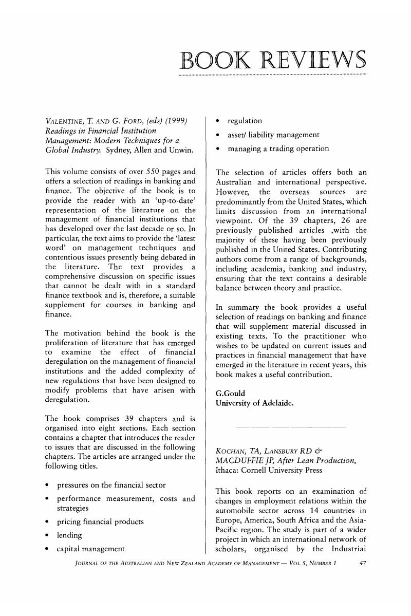 T Valentine And G Ford Eds 1999 Readings In Financial Institution Management Modern Techniques For A Global Industry Sydney Allen And Unwin Journal Of Management Organization Cambridge Core