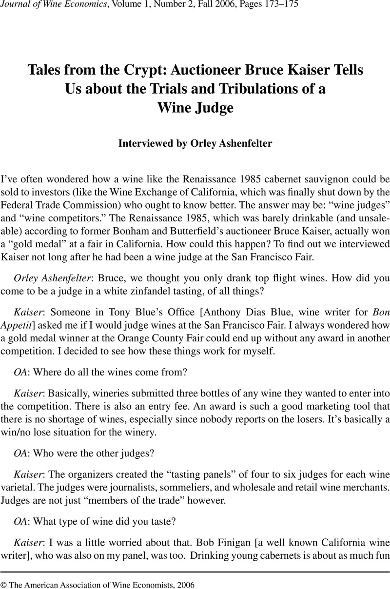 Tales From The Crypt Auctioneer Bruce Kaiser Tells Us About The Trials And Tribulations Of A Wine Judge Journal Of Wine Economics Cambridge Core