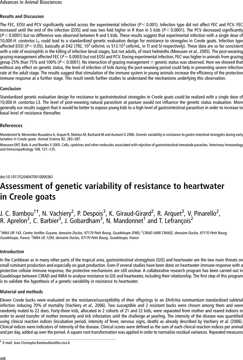 Assessment Of Genetic Variability Of Resistance To Heartwater In Creole Goats Advances In Animal Biosciences Cambridge Core
