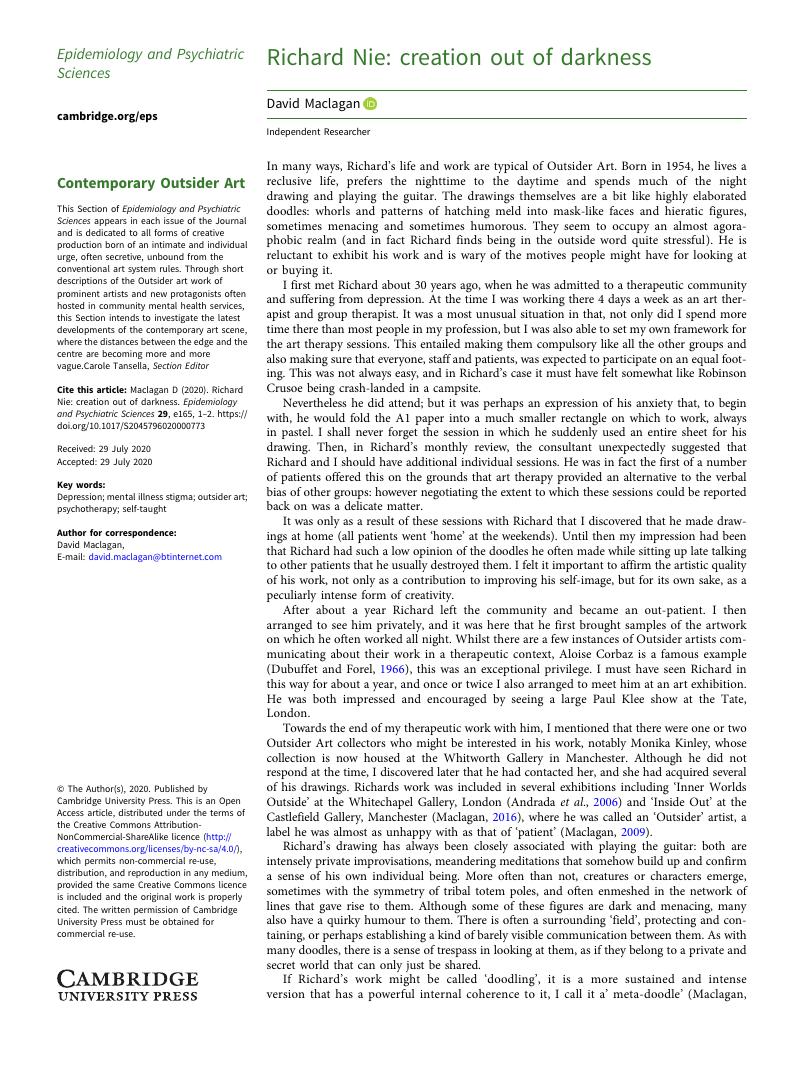 Richard Nie Creation Out Of Darkness Epidemiology And Psychiatric Sciences Cambridge Core