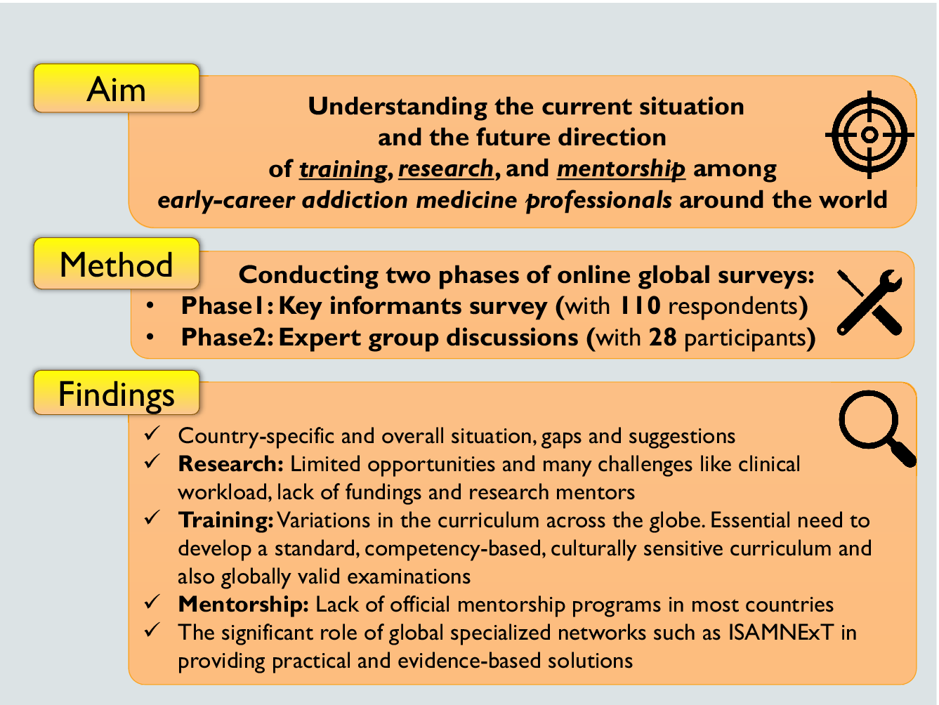 graphical abstract for An online global survey and follow-up expert groups on the scope and needs related to training, research, and mentorship among early-career addiction medicine professionals - open in full screen