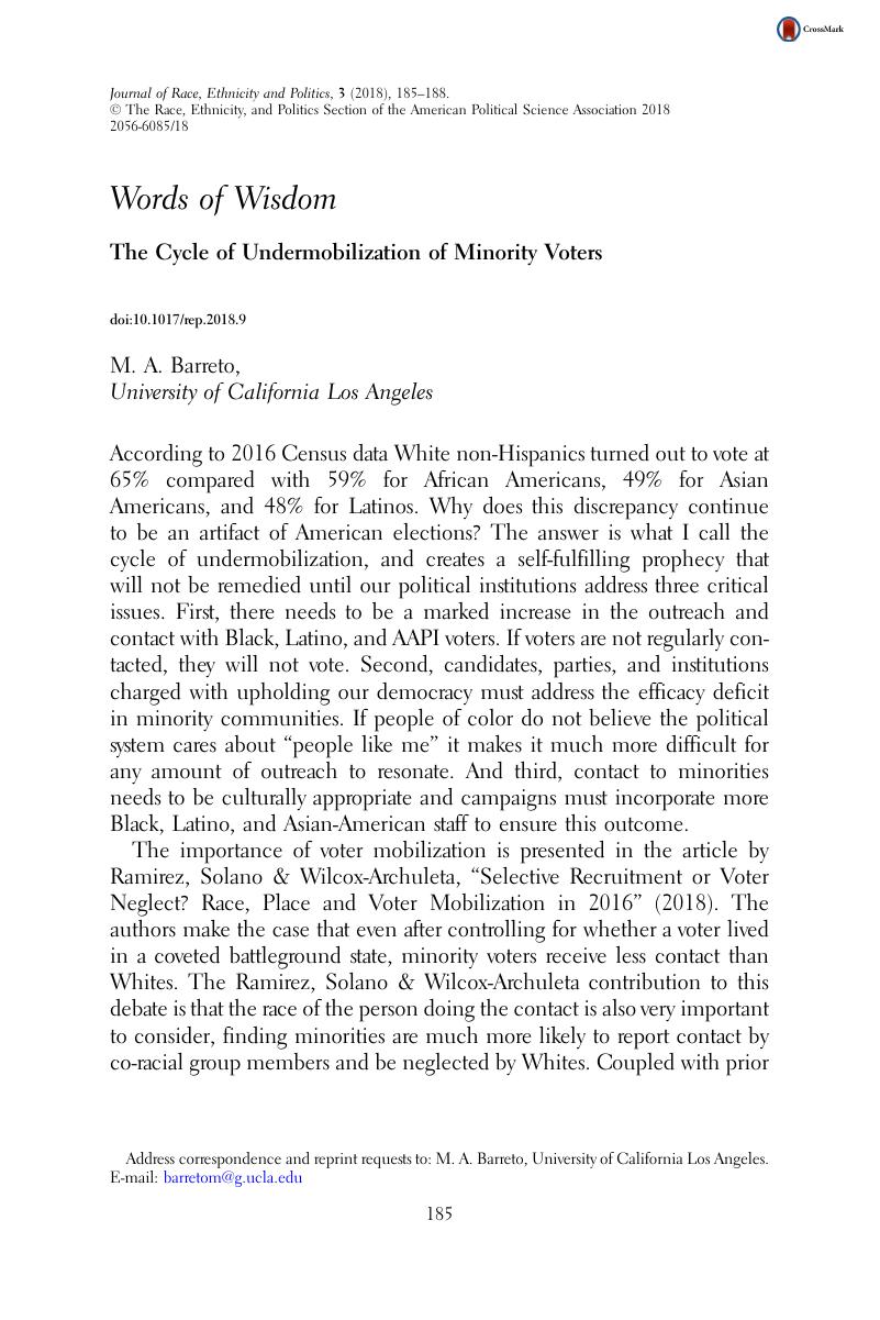 The Cycle Of Undermobilization Of Minority Voters Journal - 
